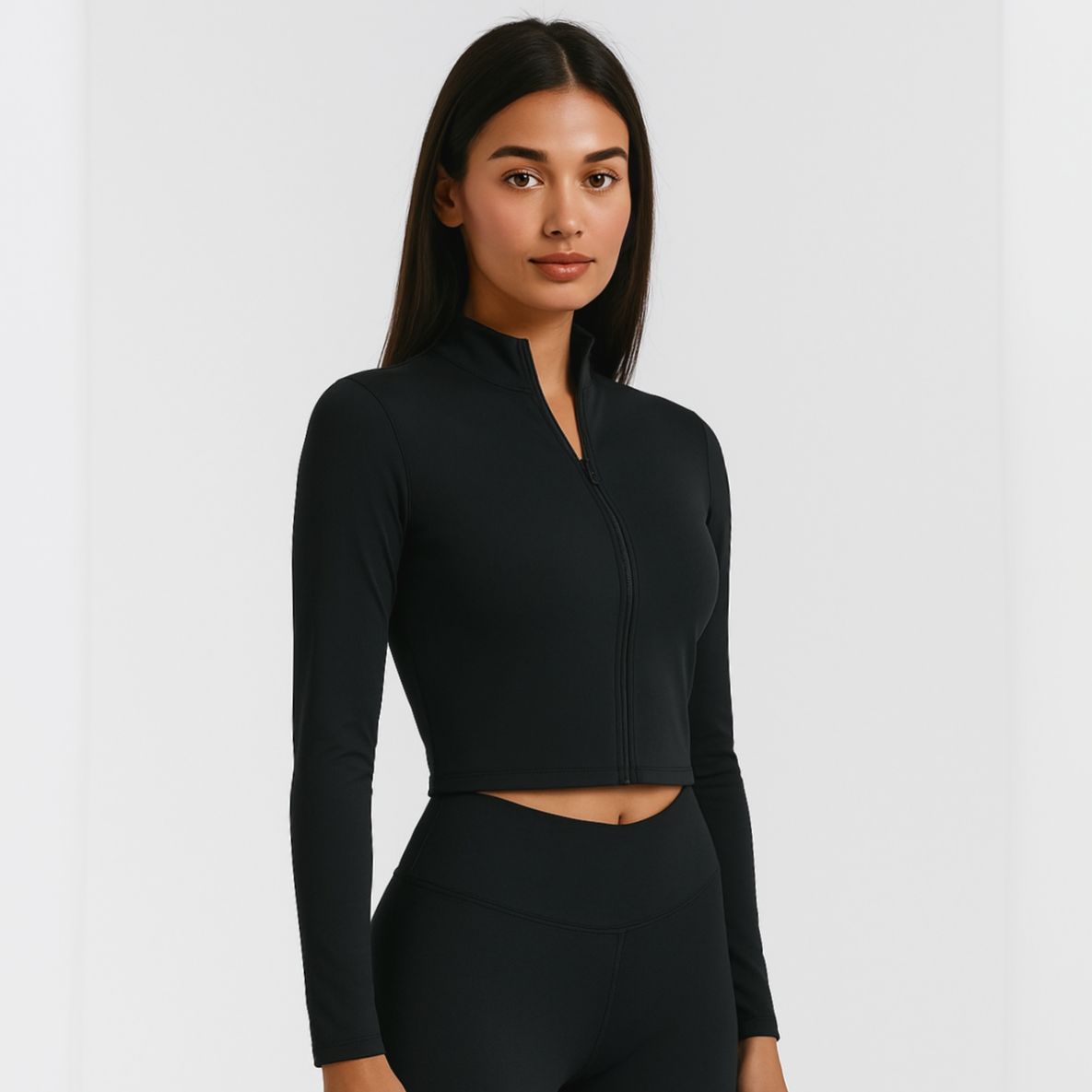 Women's Black Cropped Athletic Full Zipper Jacket
