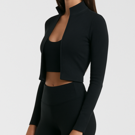 Women's Black Cropped Athletic Zipper Jacket