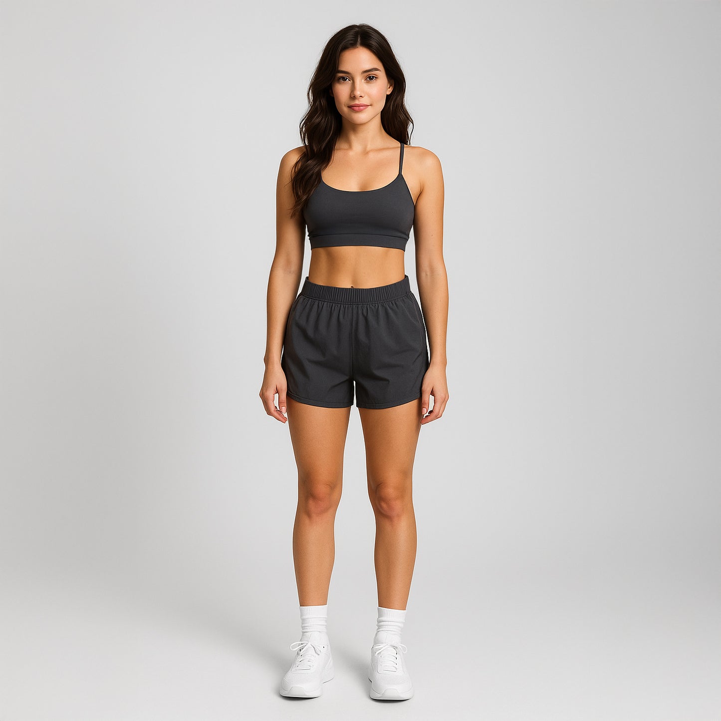 Charcoal Gray Sports Bra and Athletic Running Shorts
