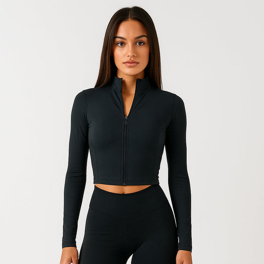 Women's Black Cropped Athletic Zipper Jacket